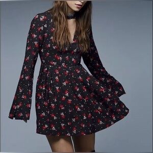 Free People mini dress, Teagan black red floral, plunge long sleeve. Size 2.